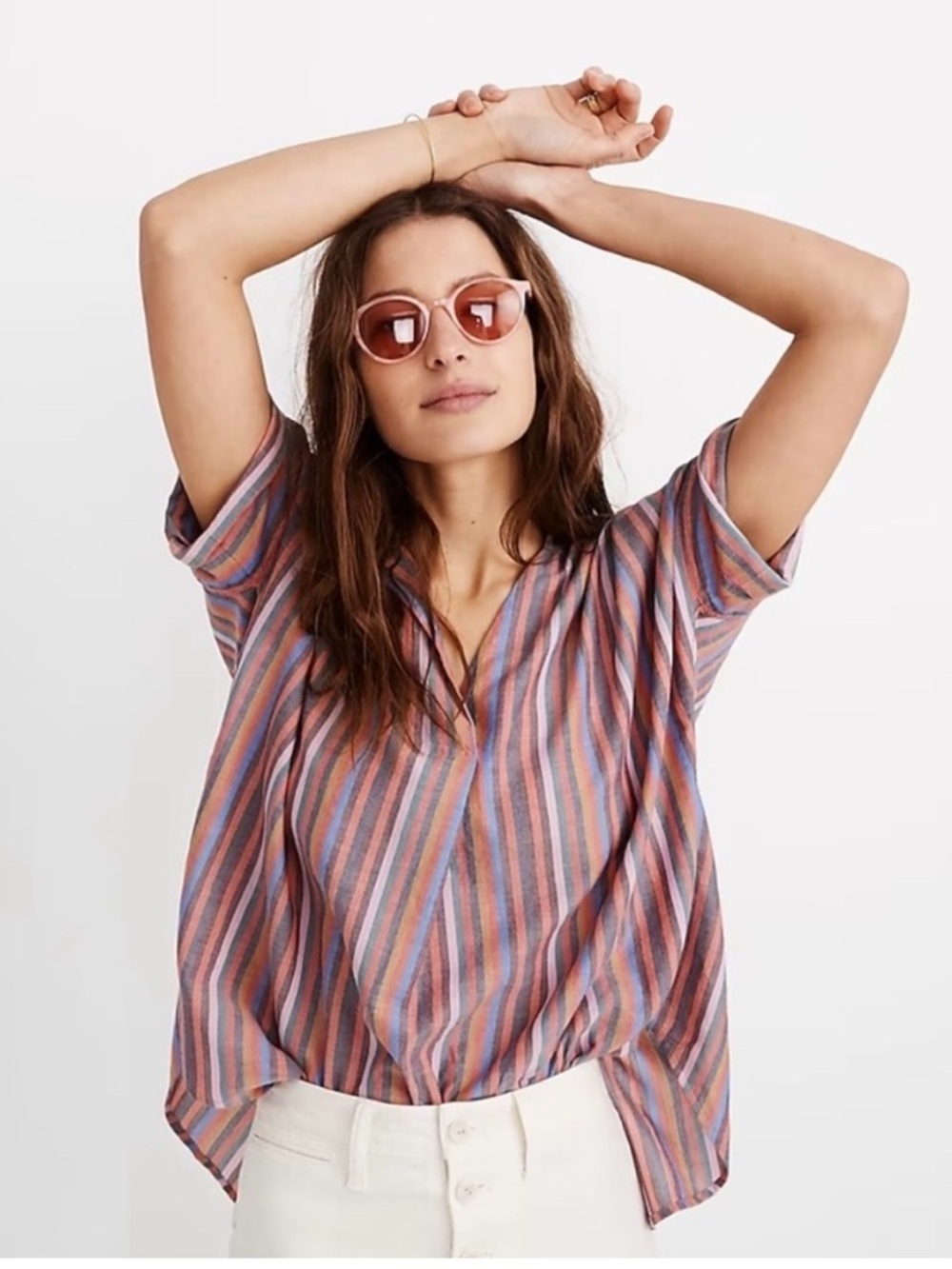 Madewell Striped V-Neck Short Sleeve Tunic in Rose Multi